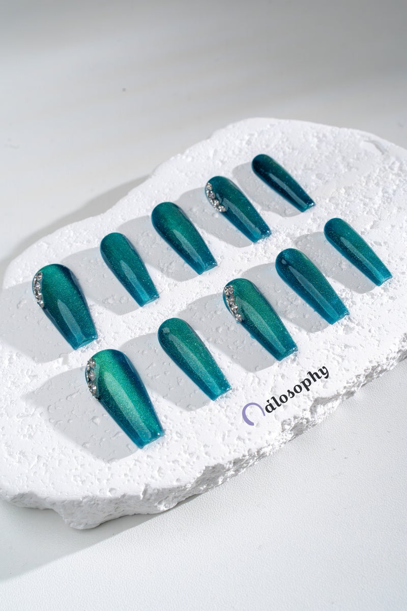 Nailosophy Handmade Gel Press-on Nails Emerald Green Cat-Eye with Rhinestones | Coffin Shape - Image 1